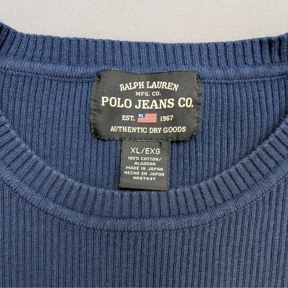 Polo Jeans Co Ralph Lauren Blue Rib Knit Sweater XL RL Flag Logo Made in Japan - Picture 2 of 12